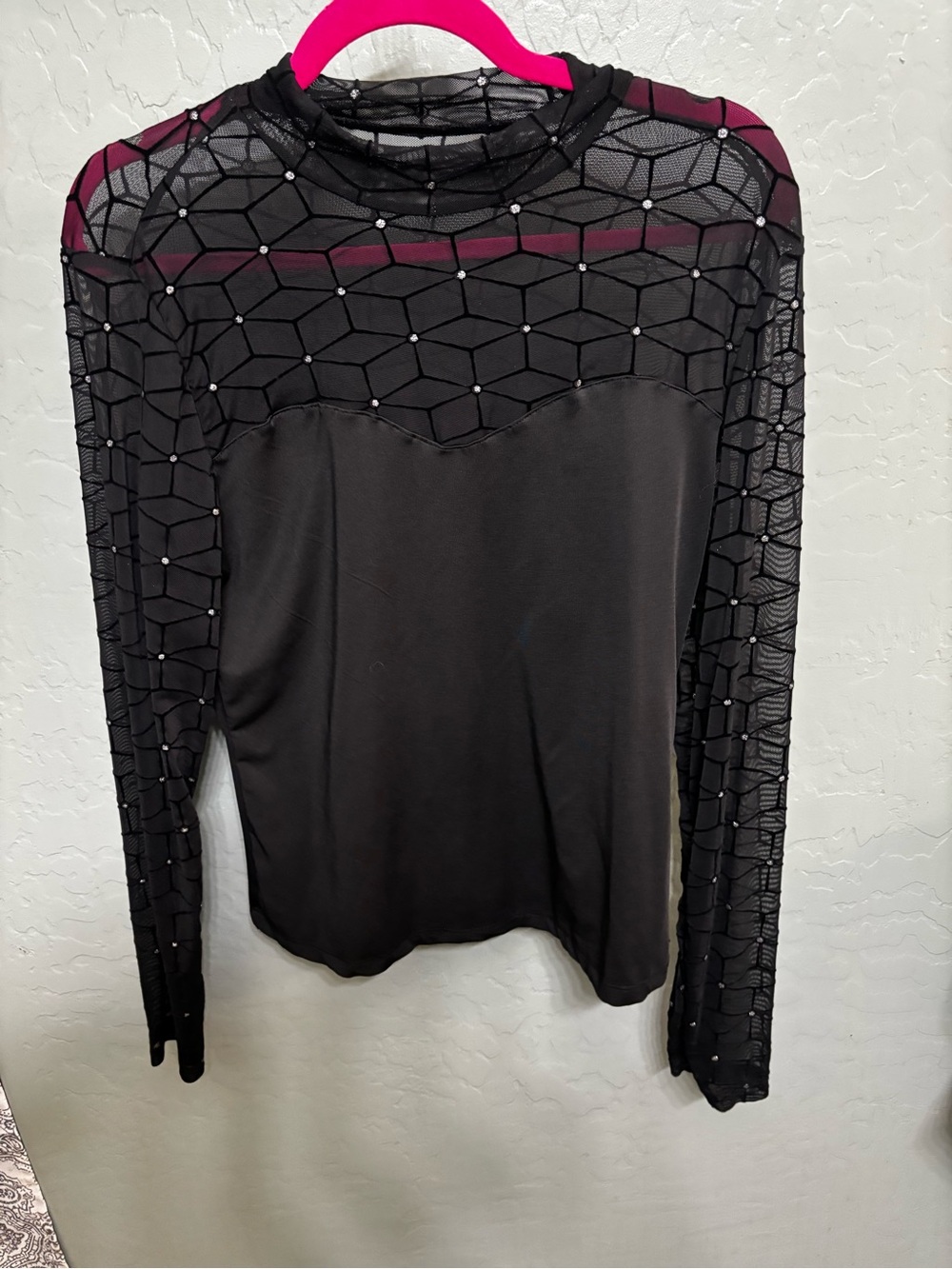 Black Long-Sleeve Mesh Yoke Top with Rhinestone Detail